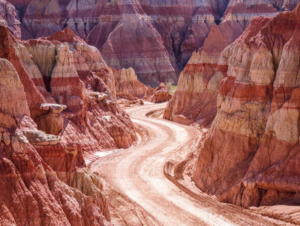 Winding dirt ATV trail through colorful red and tan badlands rock formations