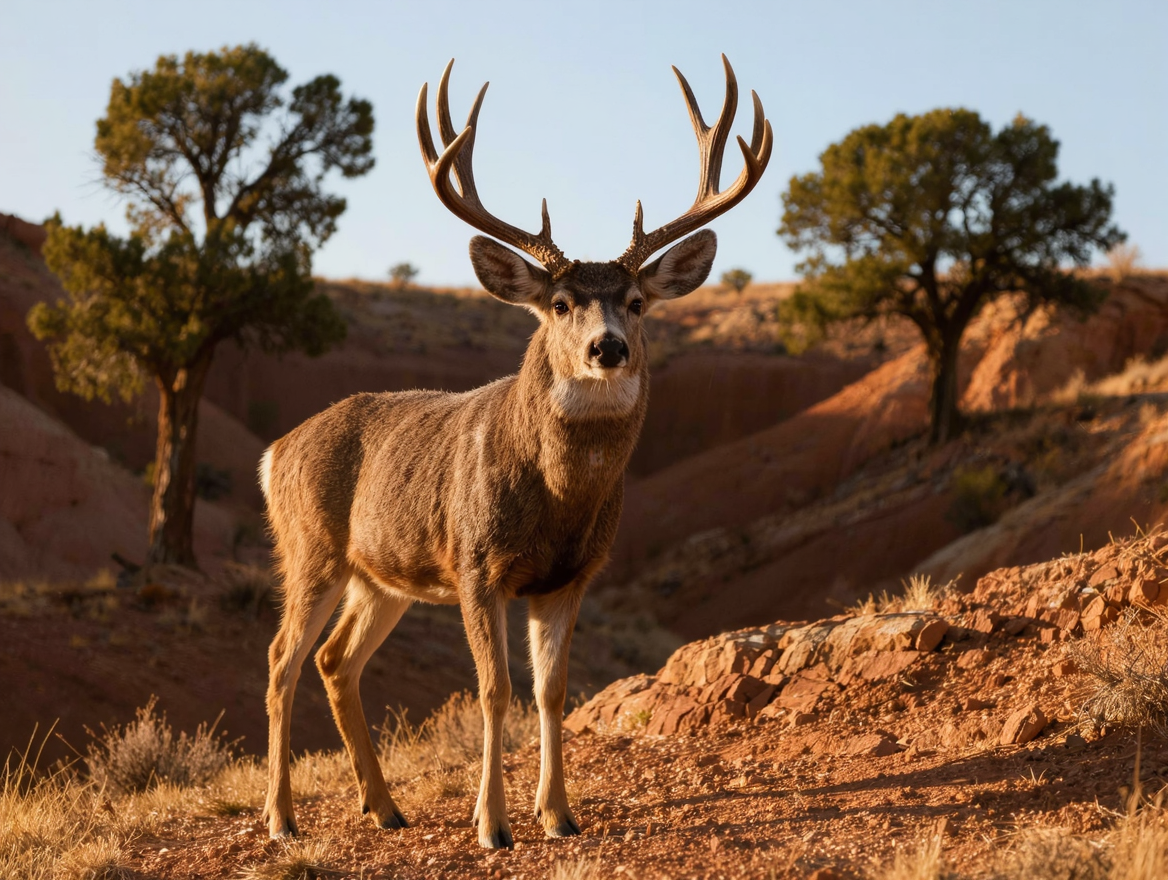 Trophy mule deer buck with massive antlers standing in badlands terrain at golden hour